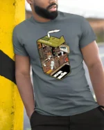 Surreal Juice Box Miniature City Street Graphic Soft Tshirt - model wearing grey tee, leaning on column
