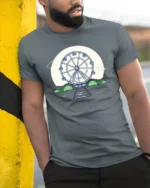 Aesthetic Retro Ferris Wheel Full Moon Graphic Soft Tshirt - model wearing grey tee, leaning on column