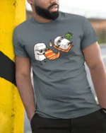 Funny Sushi Beach Day Salmon Towel Graphic Tshirt - model wearing grey tee, leaning on column