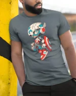 Cool Chibi Mech Captain Superhero Graphic Soft Tshirt - model wearing grey tee, leaning on column