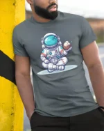 Funny Tropical Astronaut Coconut Ice Cream Graphic Soft Tee - model wearing grey tee, leaning on column