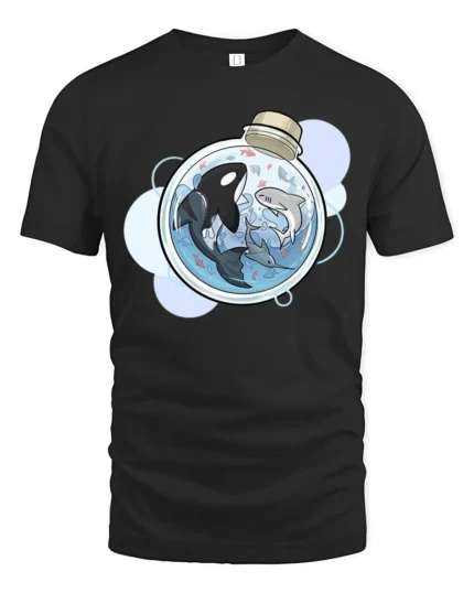 Cool Miniature Orca and Shark Potion Bottle Graphic Tee - black t-shirt on white background
