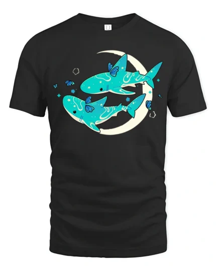 Celestial Shark Dreams Aesthetic Crescent Moon Graphic Tee - black t-shirt on white background