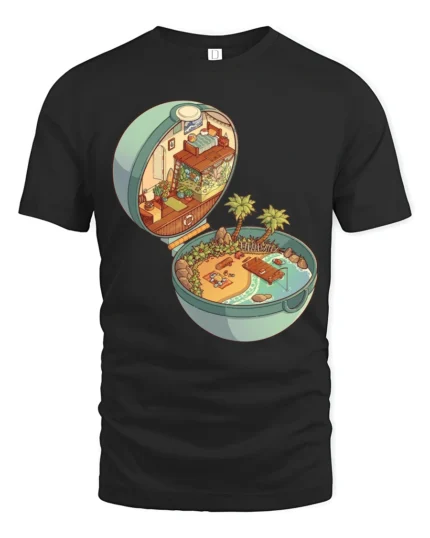 Magical Tropical Island Pokéball Pocket World Graphic Tshirt - black t-shirt on white background