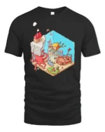 Isometric Underwater Kingdom Adventure Kraken Giant Octopus Tee - black t-shirt on white background