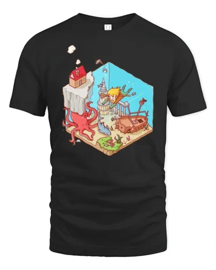 Isometric Underwater Kingdom Adventure Kraken Giant Octopus Tee - black t-shirt on white background