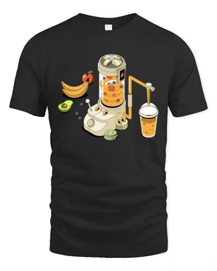 Futuristic Isometric Fruit Smoothie Juice Machine Graphic Tshirt - black t-shirt on white background