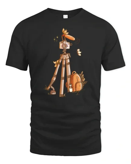 Vintage Aesthetic Camera Gear Forest Adventure Cotton Tshirt - black t-shirt on white background