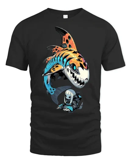 Cool Cyberpunk Mecha Shark And Anime Girl Graphic Tshirt - black t-shirt on white background