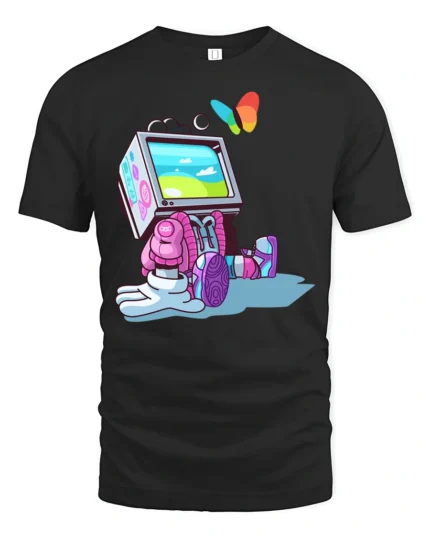 Futuristic Retro TV Head Robot Butterfly Graphic Soft Tshirt - black t-shirt on white background