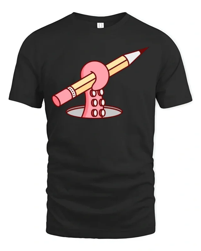 Funny Octopus Tentacle Holding Pencil Drawing Graphic T-shirt - black t-shirt on white background
