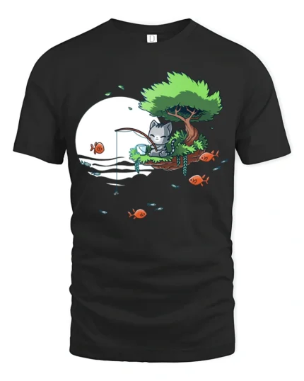 Cute Cat Fishing On Floating Island Full Moon Graphic Tee - black t-shirt on white background