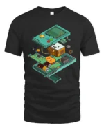 Retro Gaming Handheld Console Exploded View Graphic Tshirt - black t-shirt on white background