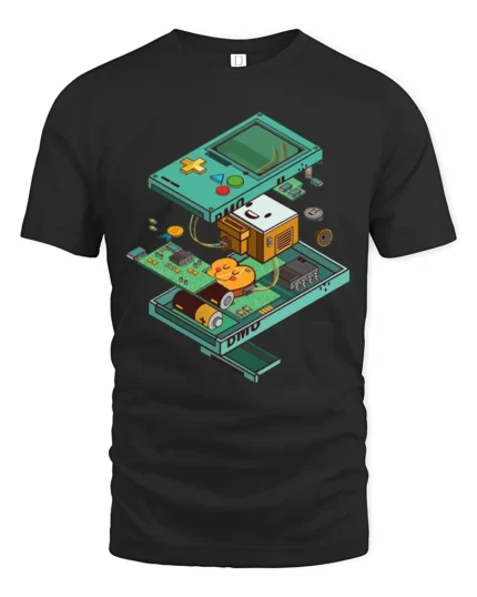 Retro Gaming Handheld Console Exploded View Graphic Tshirt - black t-shirt on white background