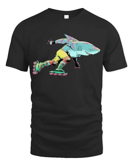 Retro Shark Roller Skating 90s Aesthetic Graphic Tshirt - black t-shirt on white background