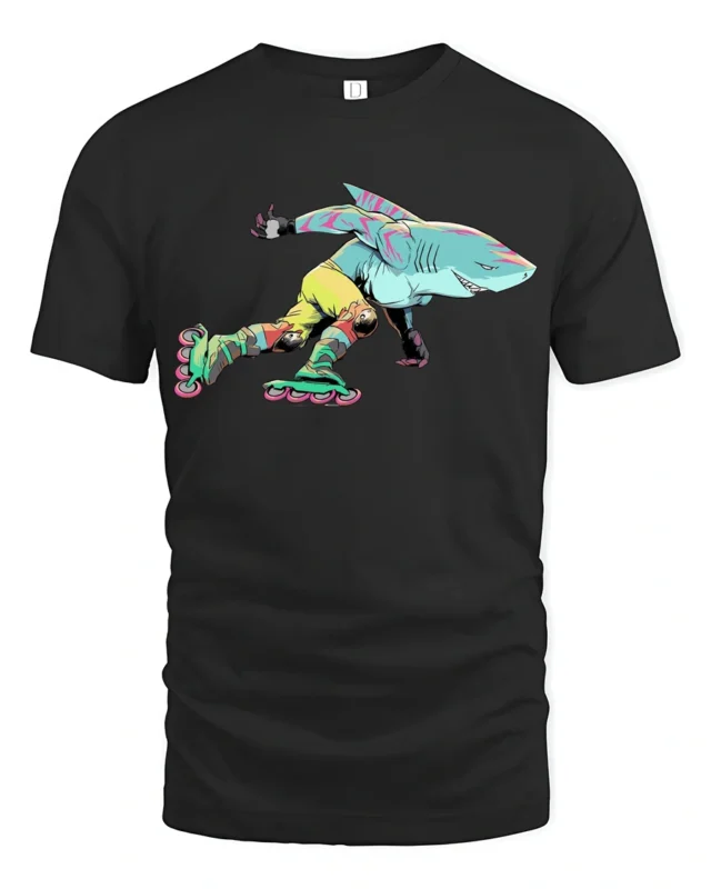 Retro Shark Roller Skating 90s Aesthetic Graphic Tshirt - black t-shirt on white background