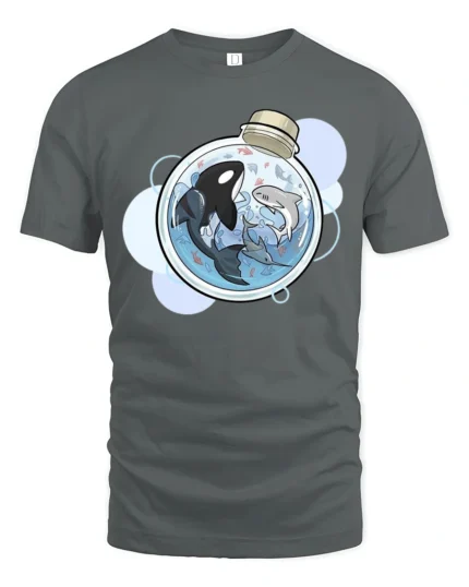 Cool Miniature Orca and Shark Potion Bottle Graphic Tee - gray t-shirt on white background