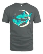 Celestial Shark Dreams Aesthetic Crescent Moon Graphic Tee - gray t-shirt on white background