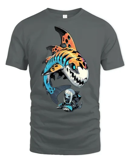 Cool Cyberpunk Mecha Shark And Anime Girl Graphic Tshirt - gray t-shirt on white background