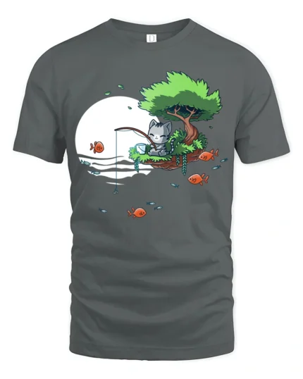 Cute Cat Fishing On Floating Island Full Moon Graphic Tee - gray t-shirt on white background