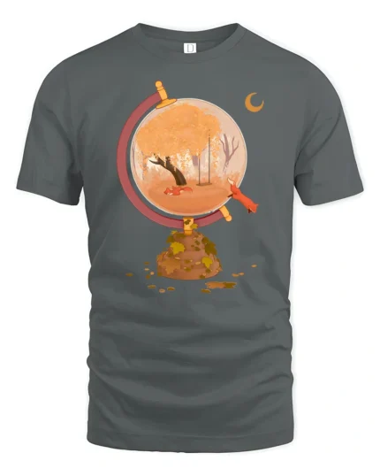 Aesthetic Autumn Globe Fox Nature Landscape Tshirt - gray t-shirt on white background
