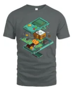 Retro Gaming Handheld Console Exploded View Graphic Tshirt - gray t-shirt on white background