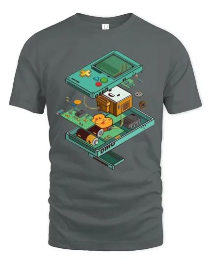 Retro Gaming Handheld Console Exploded View Graphic Tshirt - gray t-shirt on white background
