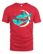 Celestial Shark Dreams Aesthetic Crescent Moon Graphic Tee - red t-shirt on white background