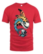 Cool Cyberpunk Mecha Shark And Anime Girl Graphic Tshirt - red t-shirt on white background