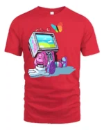 Futuristic Retro TV Head Robot Butterfly Graphic Soft Tshirt - red t-shirt on white background