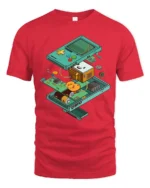 Retro Gaming Handheld Console Exploded View Graphic Tshirt - red t-shirt on white background
