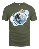 Cool Miniature Orca and Shark Potion Bottle Graphic Tee - military green t-shirt on white background