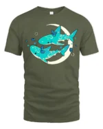 Celestial Shark Dreams Aesthetic Crescent Moon Graphic Tee - military green t-shirt on white background