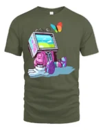 Futuristic Retro TV Head Robot Butterfly Graphic Soft Tshirt - military green t-shirt on white background