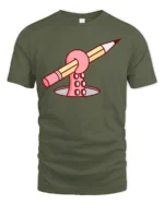 Funny Octopus Tentacle Holding Pencil Drawing Graphic T-shirt - military green t-shirt on white background