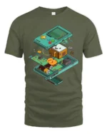 Retro Gaming Handheld Console Exploded View Graphic Tshirt - military green t-shirt on white background