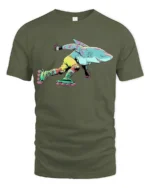 Retro Shark Roller Skating 90s Aesthetic Graphic Tshirt - military green t-shirt on white background