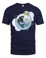 Cool Miniature Orca and Shark Potion Bottle Graphic Tee - navy t-shirt on white background