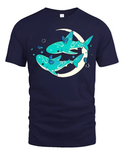 Celestial Shark Dreams Aesthetic Crescent Moon Graphic Tee - navy t-shirt on white background