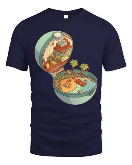 Magical Tropical Island Pokéball Pocket World Graphic Tshirt - navy t-shirt on white background