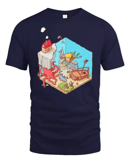 Isometric Underwater Kingdom Adventure Kraken Giant Octopus Tee - navy t-shirt on white background
