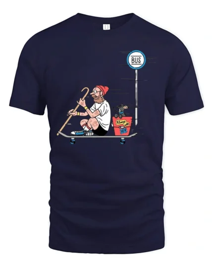 Hipster Old Man Skateboard Dog Commuter Funny Graphic Tee - navy t-shirt on white background
