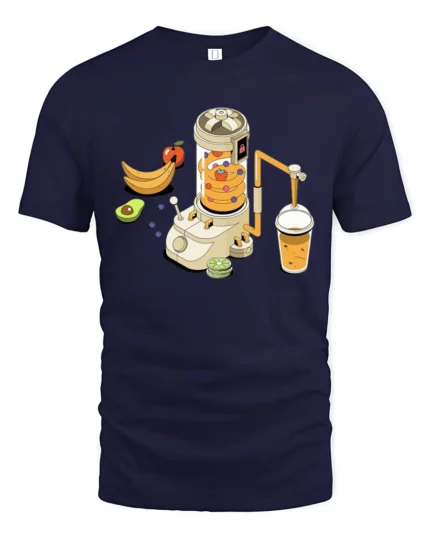 Futuristic Isometric Fruit Smoothie Juice Machine Graphic Tshirt - navy t-shirt on white background