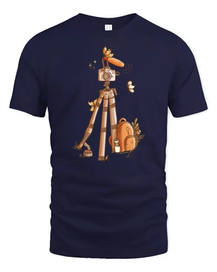 Vintage Aesthetic Camera Gear Forest Adventure Cotton Tshirt - navy t-shirt on white background