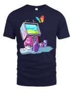 Futuristic Retro TV Head Robot Butterfly Graphic Soft Tshirt - navy t-shirt on white background
