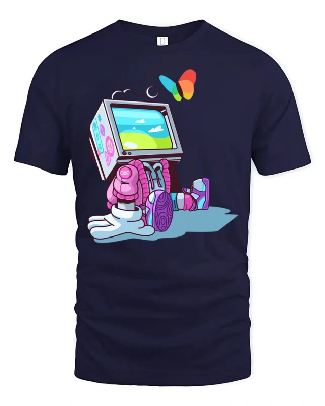 Futuristic Retro TV Head Robot Butterfly Graphic Soft Tshirt - navy t-shirt on white background