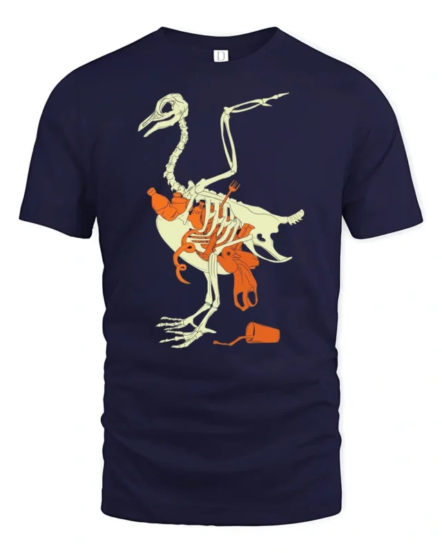 Eco Awareness Bird Skeleton Plastic Pollution Graphic Tee - navy t-shirt on white background