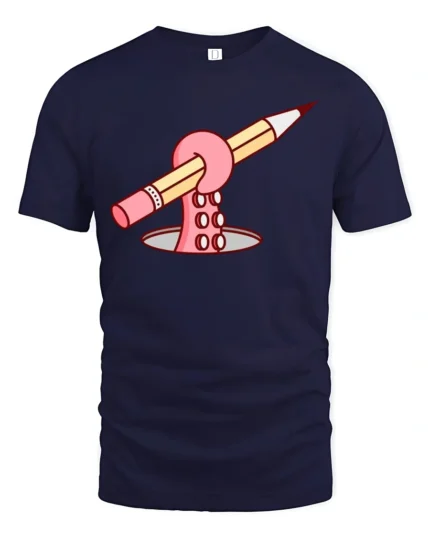 Funny Octopus Tentacle Holding Pencil Drawing Graphic T-shirt - navy t-shirt on white background