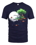 Cute Cat Fishing On Floating Island Full Moon Graphic Tee - navy t-shirt on white background