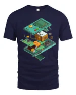 Retro Gaming Handheld Console Exploded View Graphic Tshirt - navy t-shirt on white background